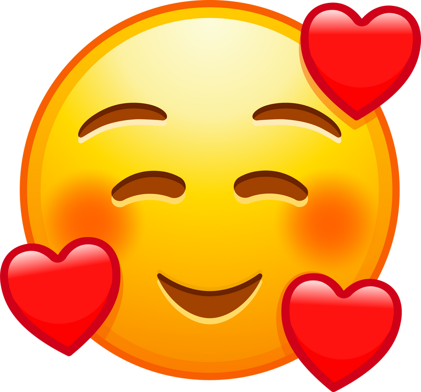 Top quality emoticon. In love emoji. Smiling emoticon with three hearts. Yellow face emoji element.